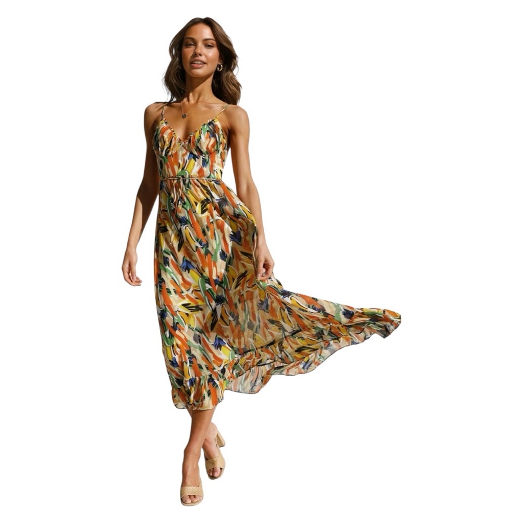 COMMENSE Multi Color Print Cami Midi Dress
COLOR - Orange, Size Medium NWT